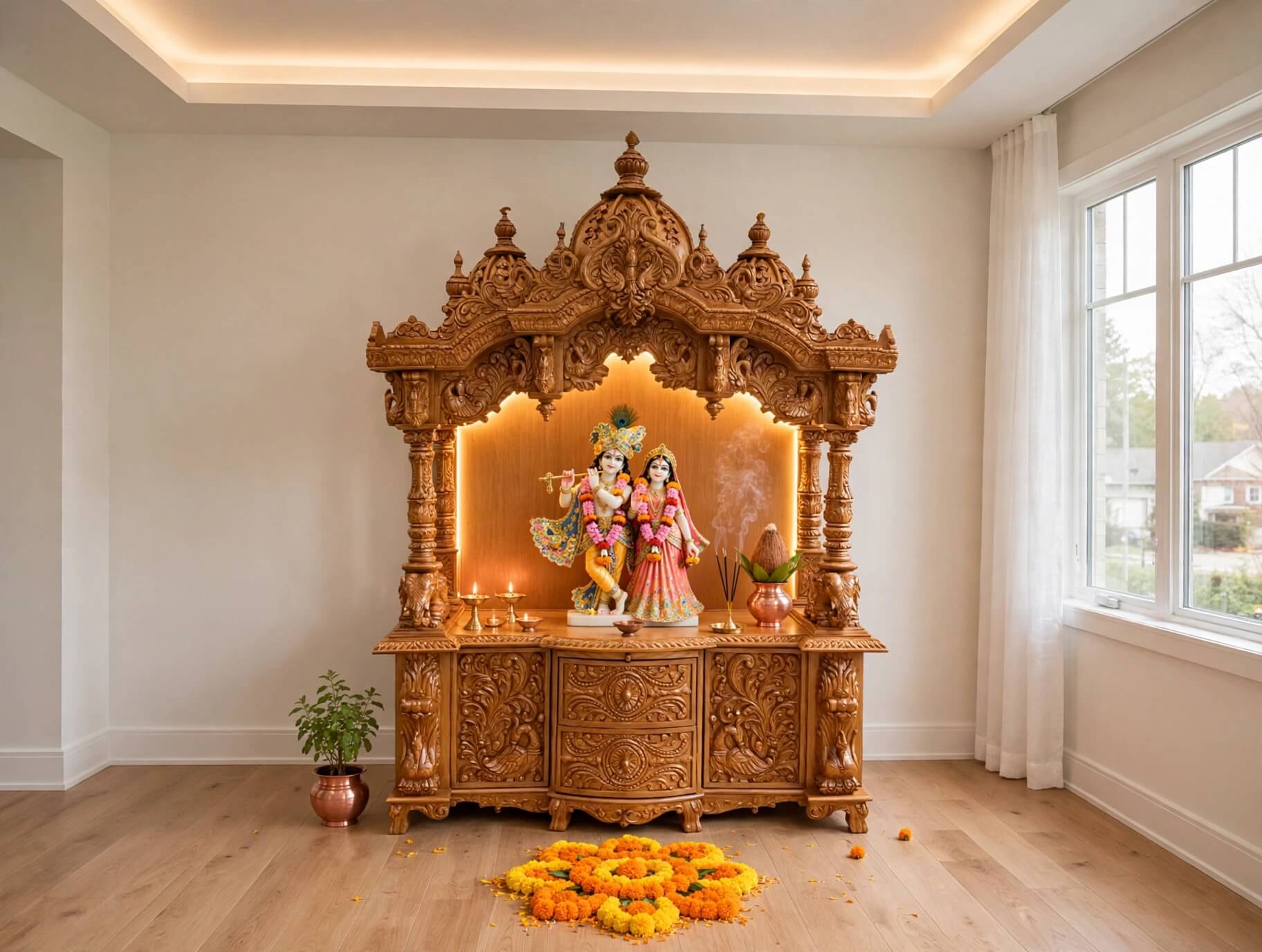 Wooden mandir in pooja room in ahmedabad home