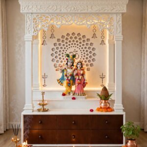 White Wooden mandir with Back LED lights