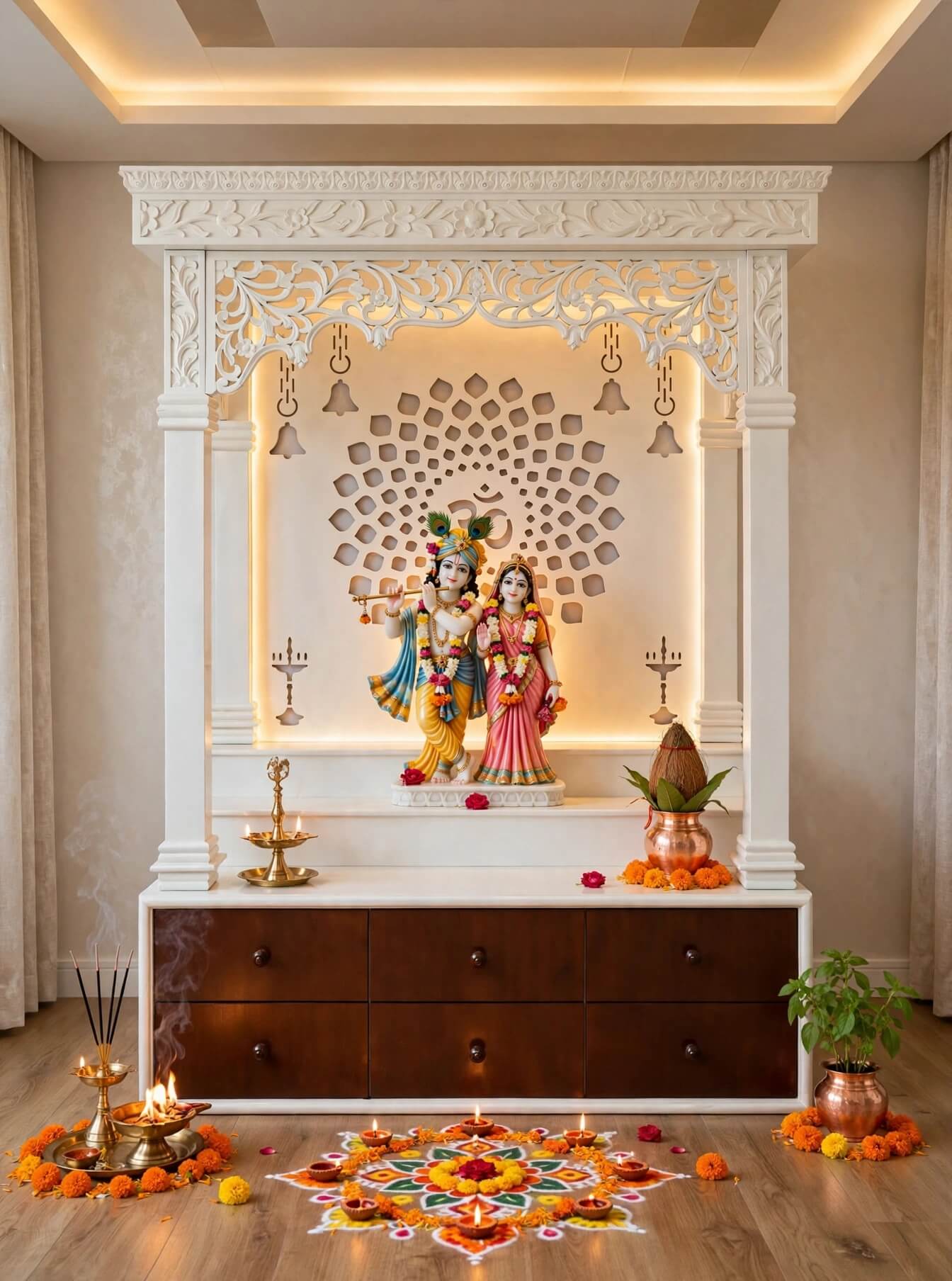 White Wooden mandir with Back LED lights